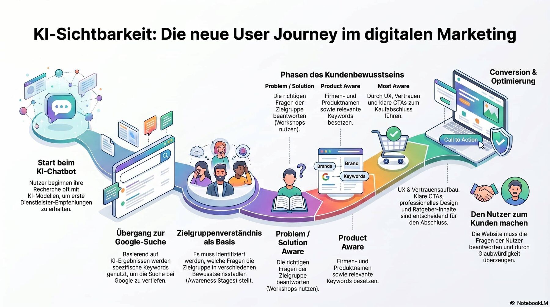Visualisierung der hybriden User Journey: Vom KI-Chatbot über Google-Suche und Bewusstseinsstufen bis zur Conversion auf der Website.