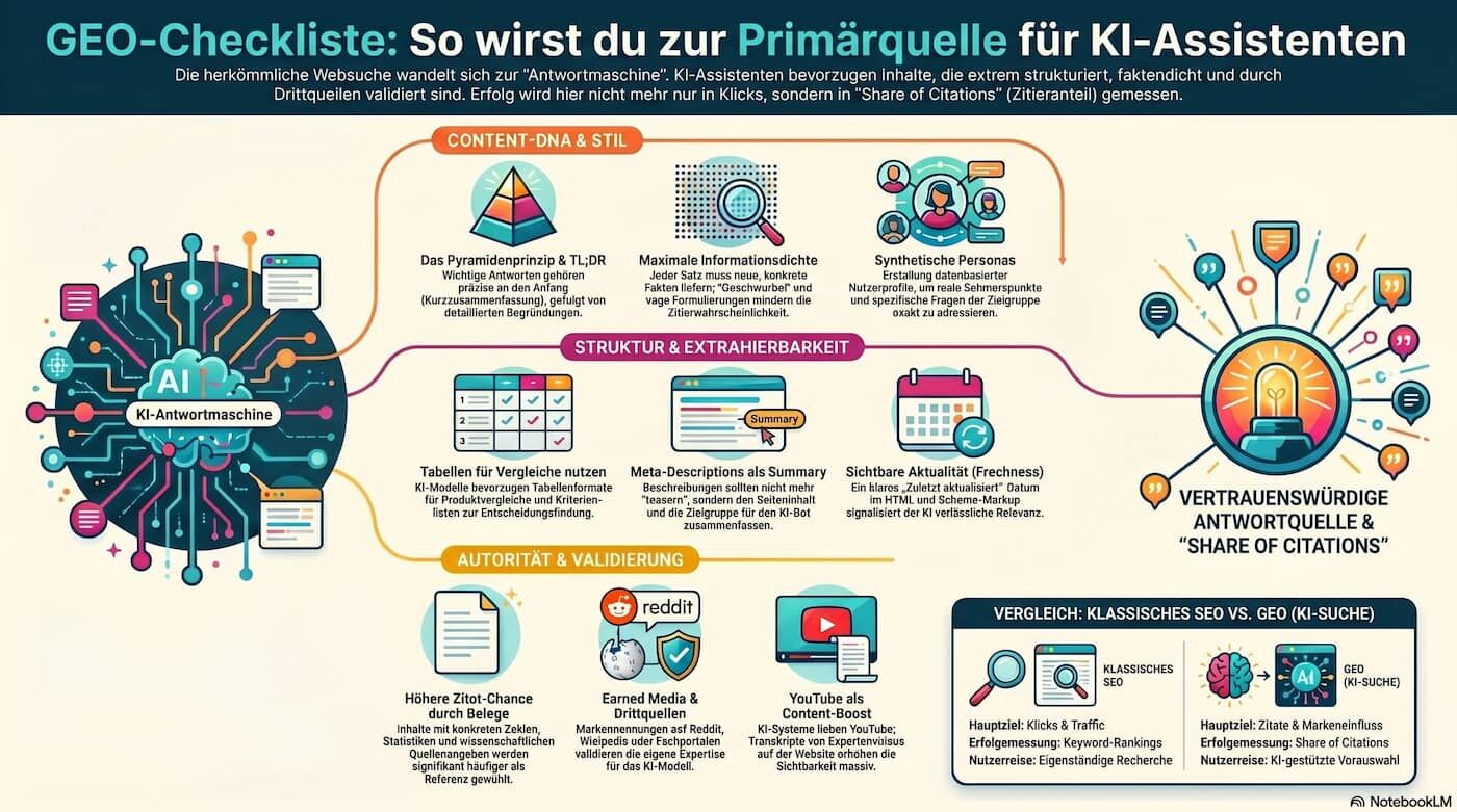 GEO-Checkliste mit drei Bereichen: Content-DNA und Stil, Struktur und maschinelle Lesbarkeit, Autorität und Validierung.